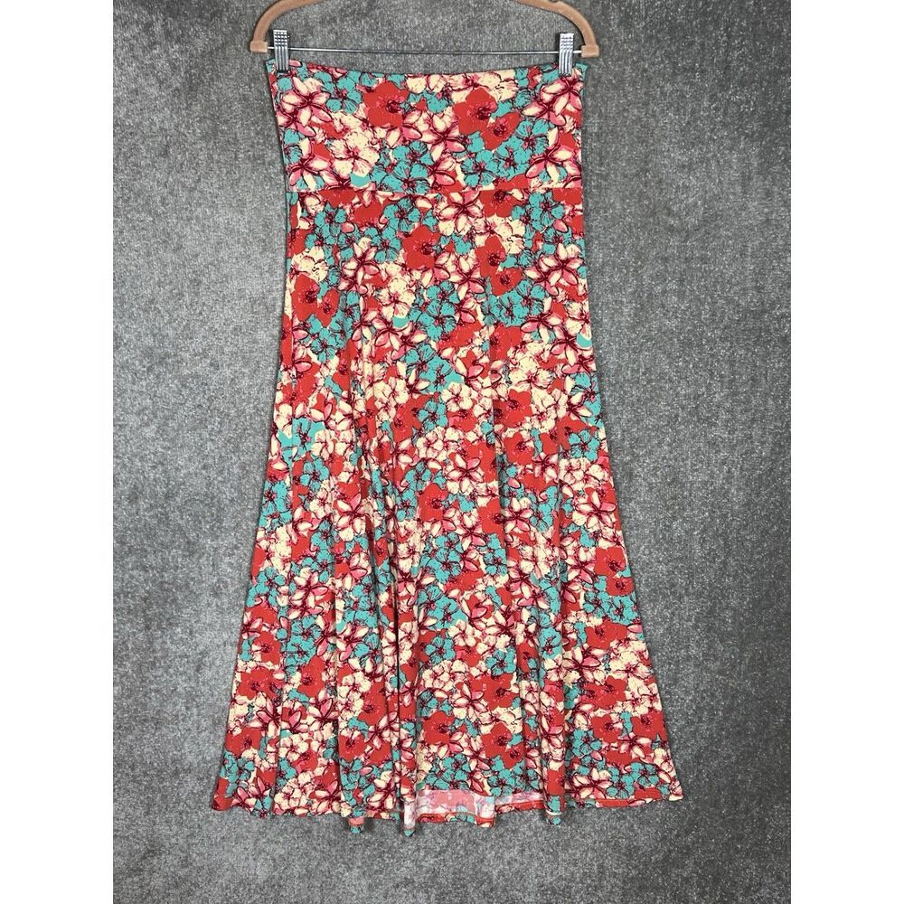 Lularoe Flared Maxi Skirt Womens Size Small Red Green Floral Pull On Stretch